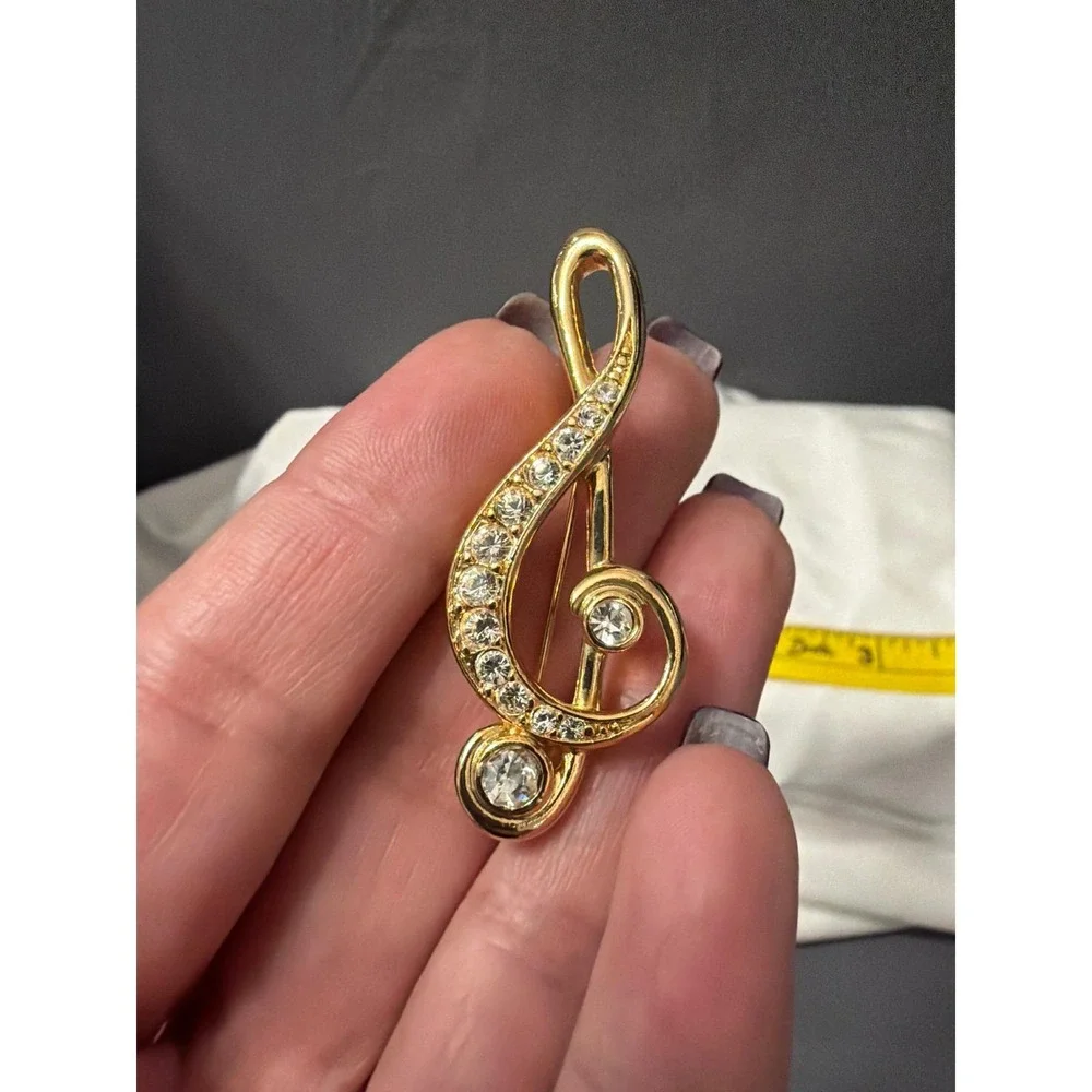 Gold Tone Treble Clef Brooch Clear Rhinestone Music Note G Clef Pin 1.75 Inch